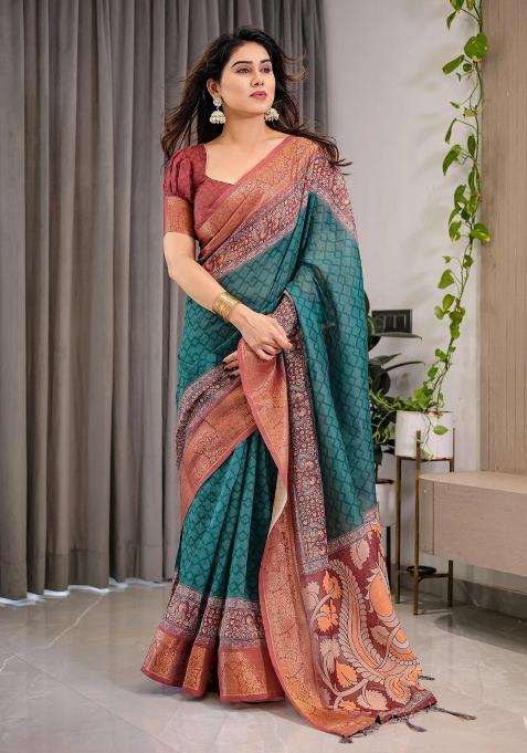 Green Printed Cotton Linen Saree Set