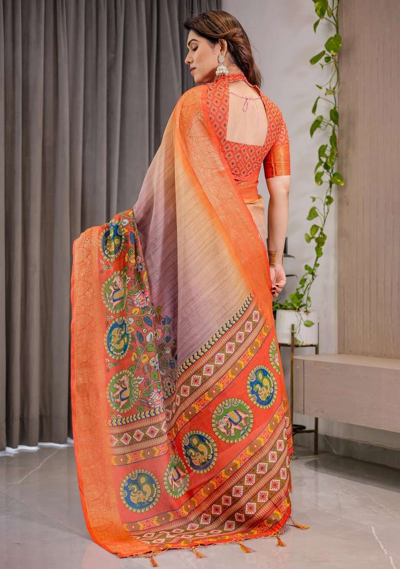 Orange Printed Cotton Linen Saree Set - Indya