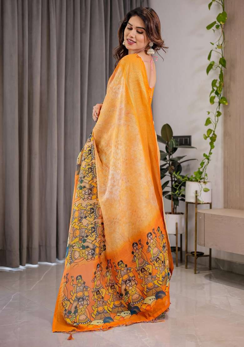 Orange Printed Cotton Linen Saree Set - Indya
