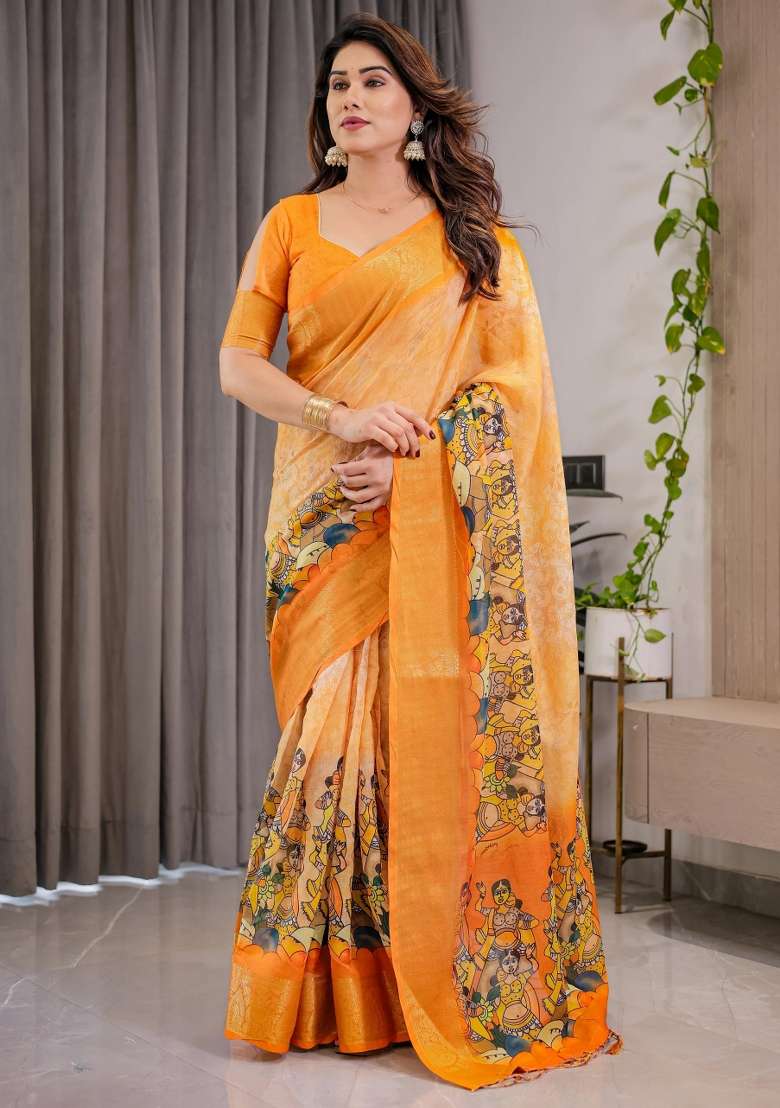 Orange Printed Cotton Linen Saree Set - Indya