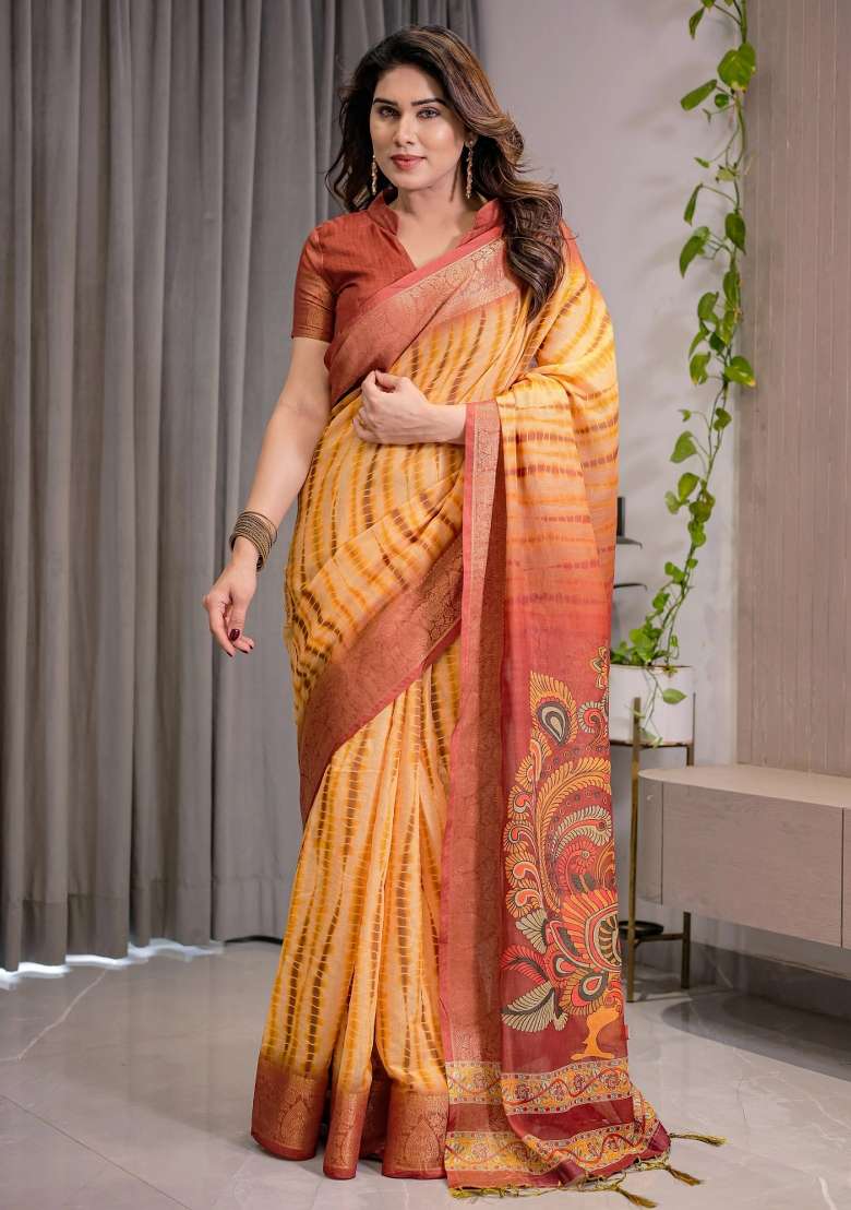 Rust Printed Cotton Linen Saree Set - Indya