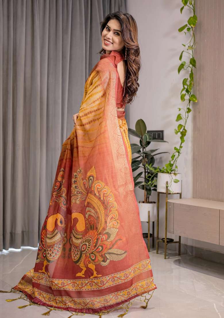 Rust Printed Cotton Linen Saree Set - Indya