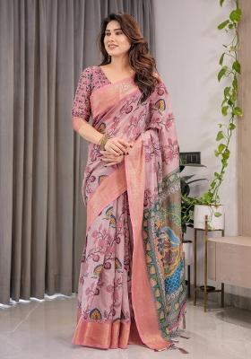 Rose Printed Cotton Linen Saree Set