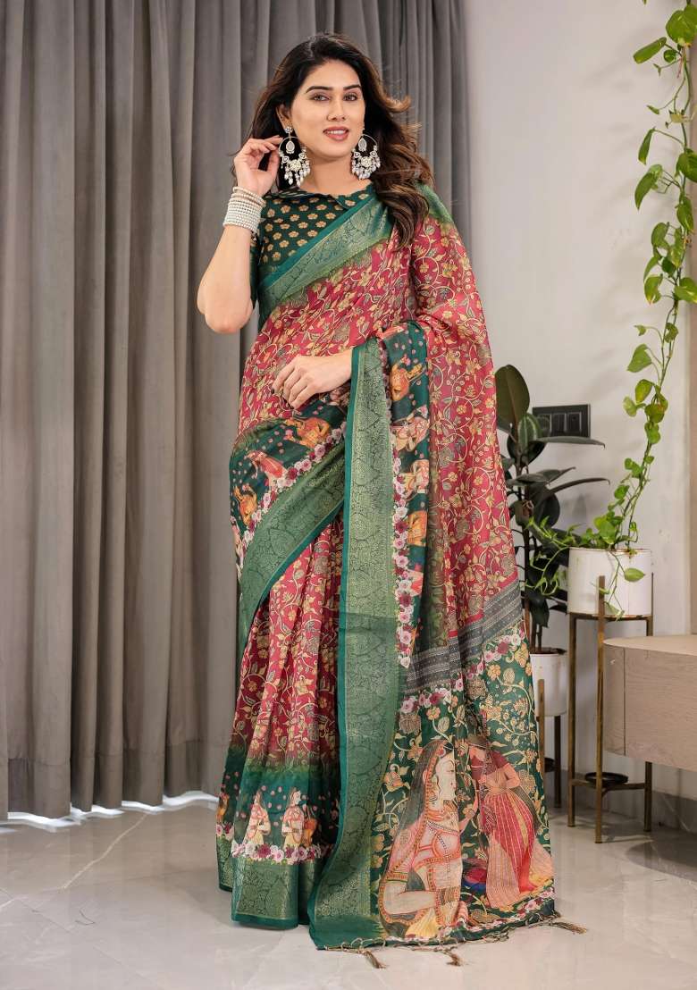 Green Printed Cotton Linen Saree Set - Indya