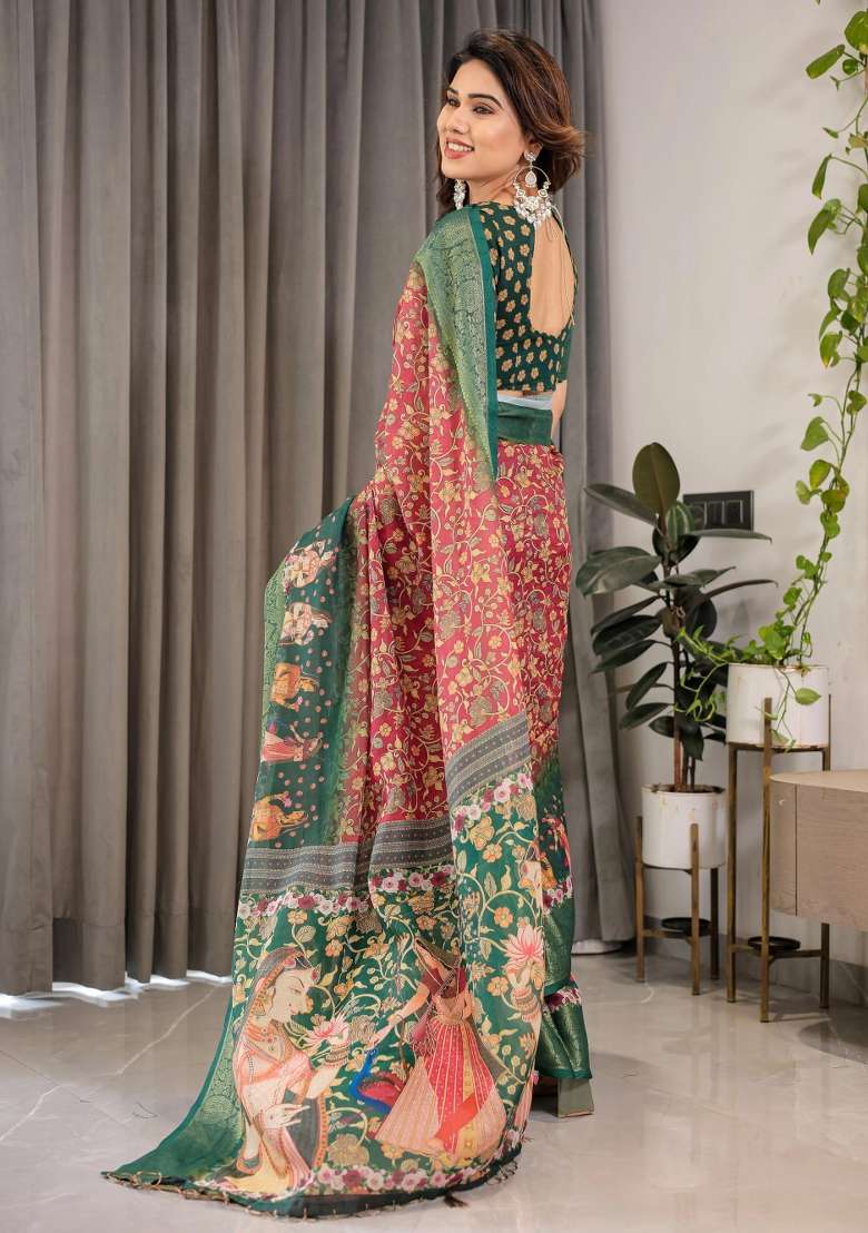 Green Printed Cotton Linen Saree Set - Indya
