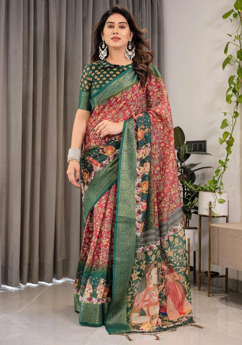 Green Printed Cotton Linen Saree Set - Indya