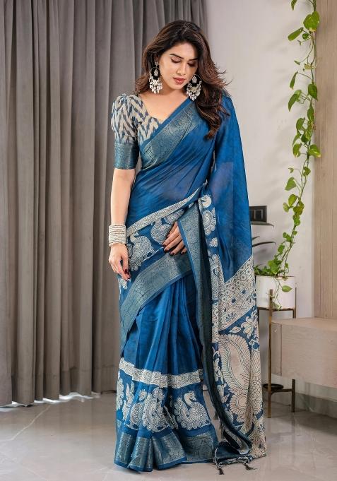 Blue Printed Cotton Linen Saree Set