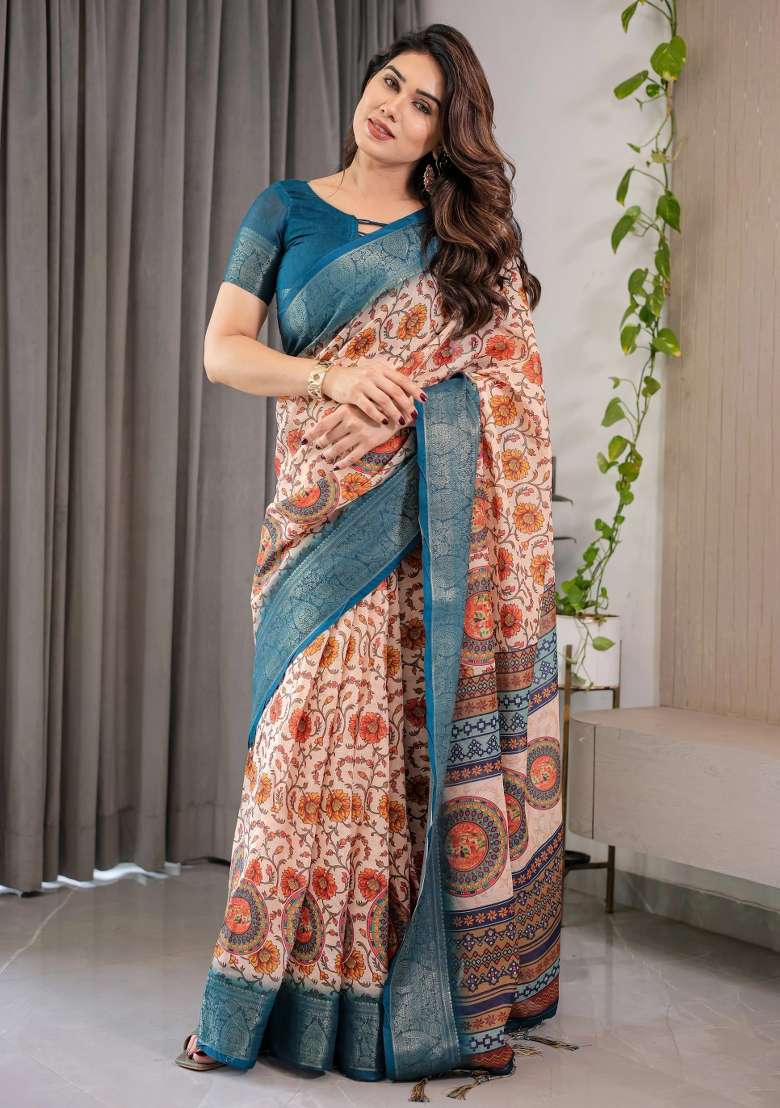 White Printed Cotton Linen Saree Set - Indya