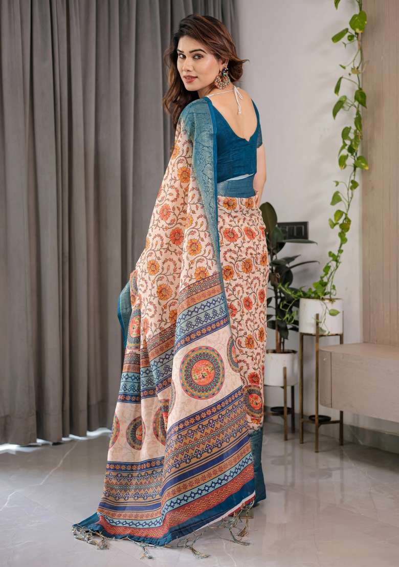 White Printed Cotton Linen Saree Set - Indya