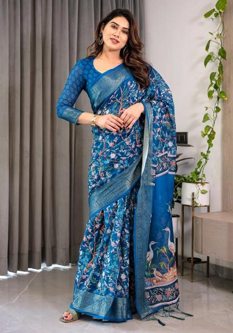 Blue Printed Cotton Linen Saree Set