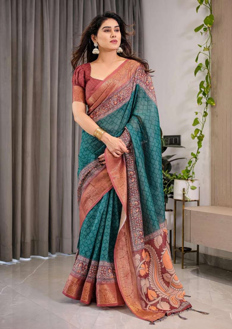 Green Printed Cotton Linen Saree Set - Indya