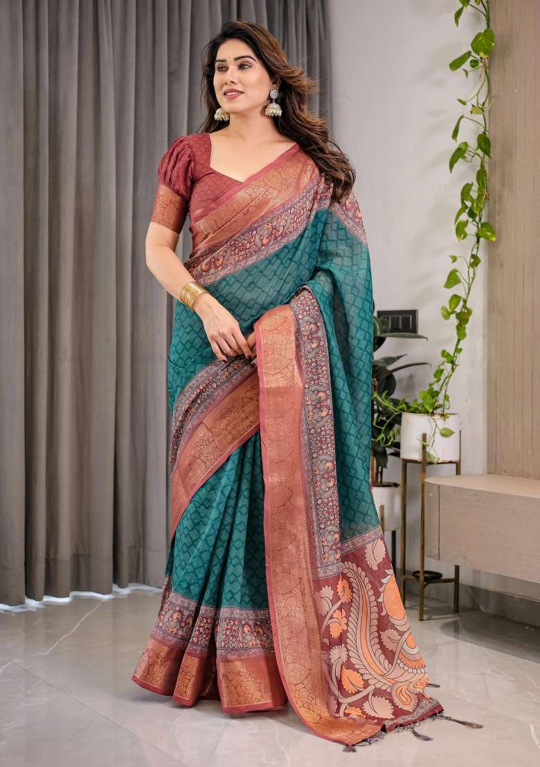 Green Printed Cotton Linen Saree Set - Indya