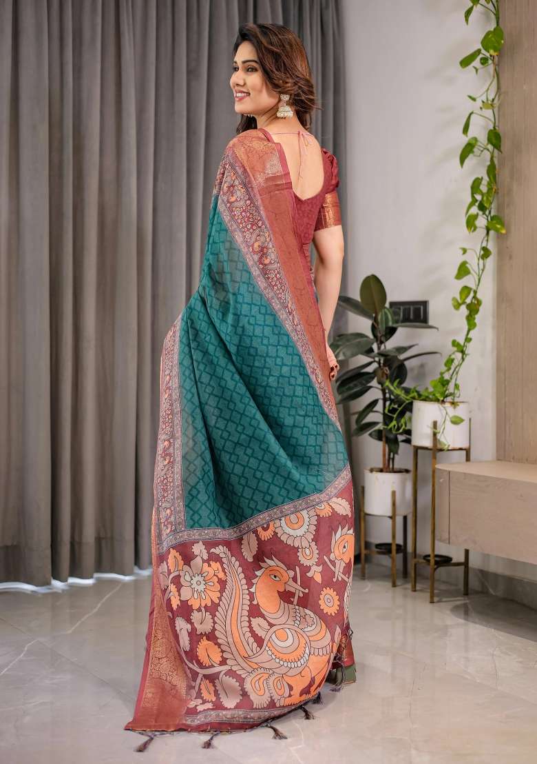 Green Printed Cotton Linen Saree Set - Indya