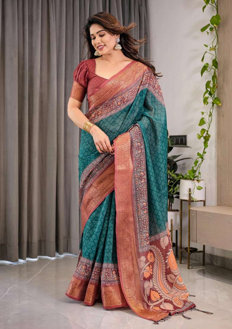 Green Printed Cotton Linen Saree Set - Indya