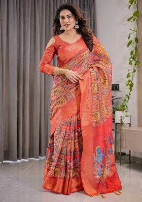 Red Printed Cotton Linen Saree Set