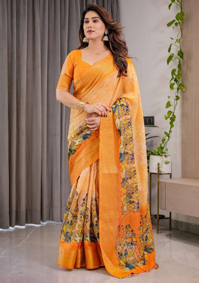 Orange Printed Cotton Linen Saree Set - Indya