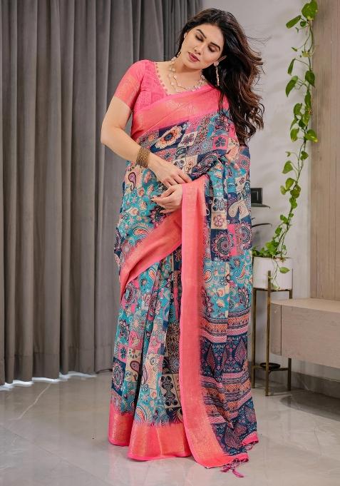 Multicolor Printed Cotton Linen Saree Set