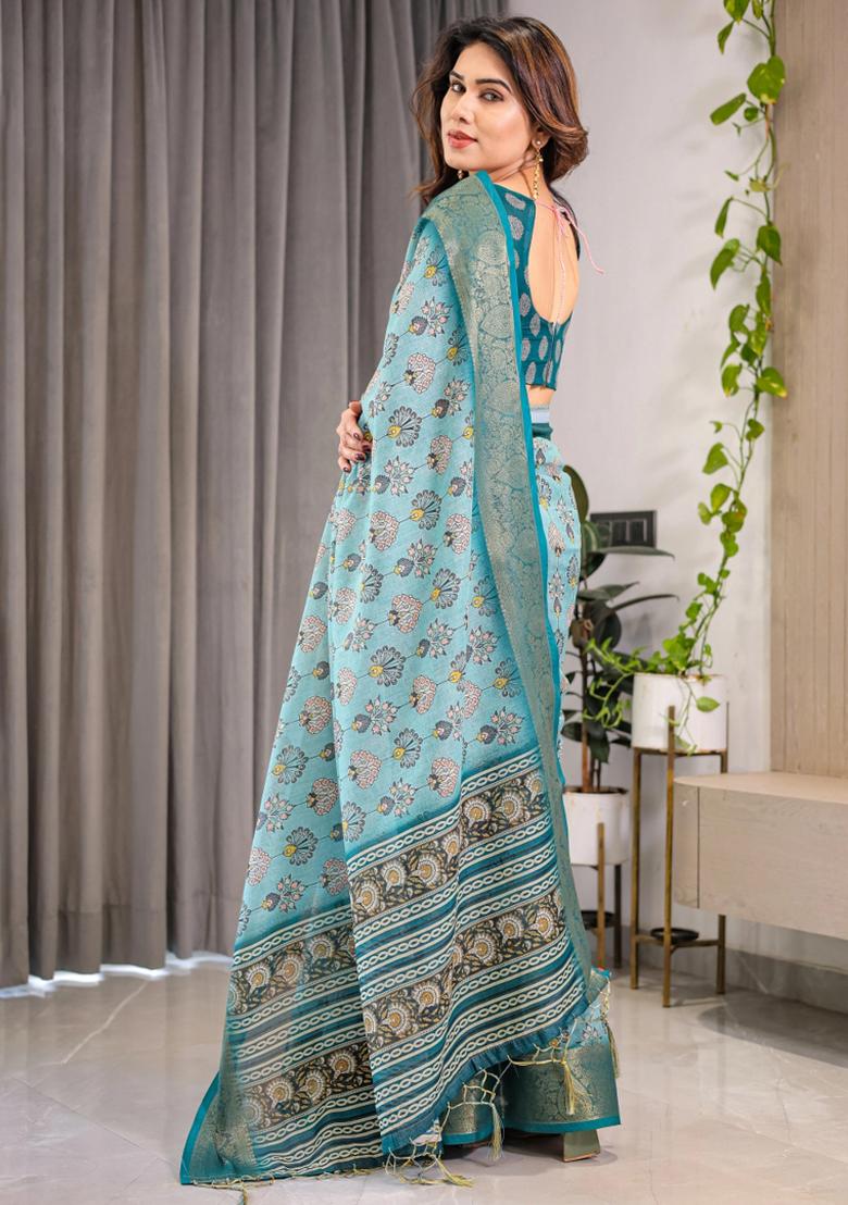 Blue Printed Cotton Linen Saree Set
