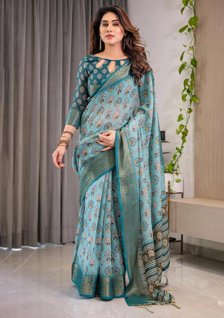 Blue Printed Cotton Linen Saree Set