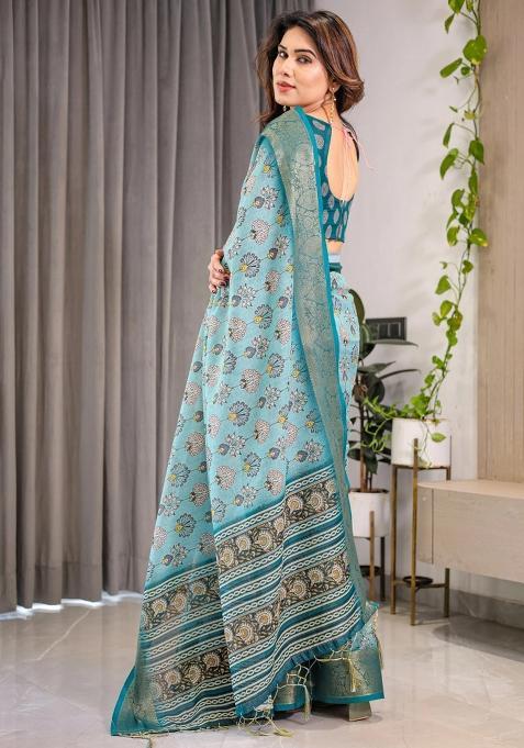 Blue Printed Cotton Linen Saree Set