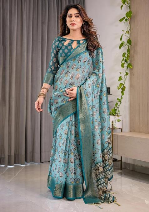 Blue Printed Cotton Linen Saree Set
