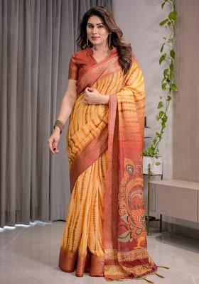 Rust Printed Cotton Linen Saree Set