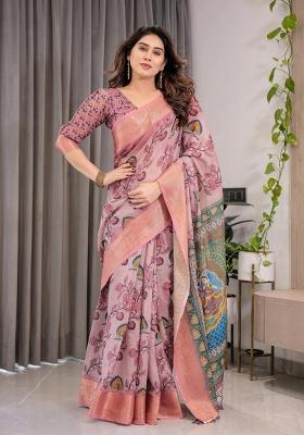 Rose Printed Cotton Linen Saree Set