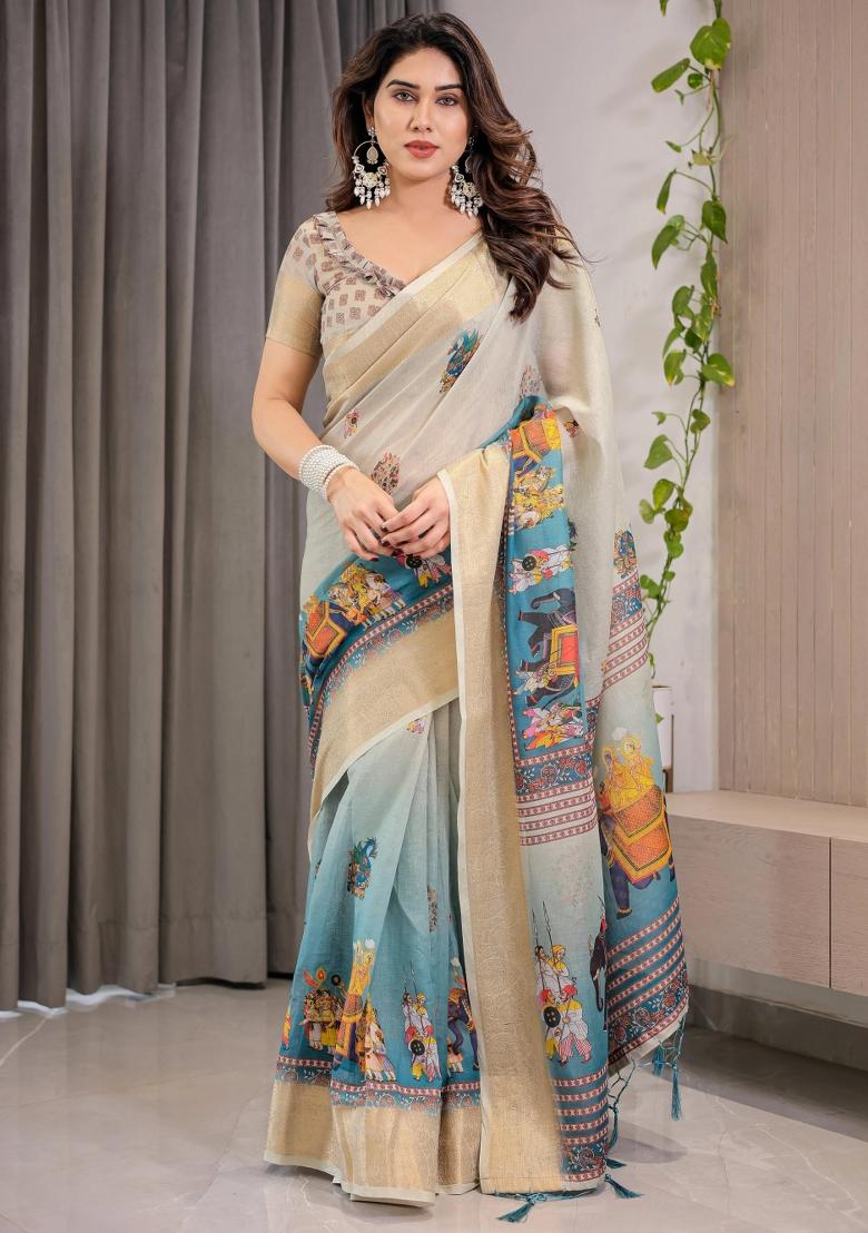 Teal Printed Cotton Linen Saree Set