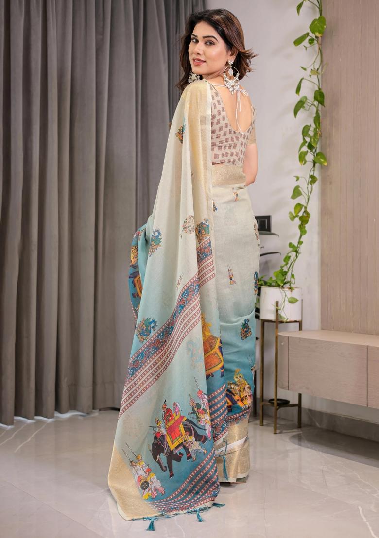Teal Printed Cotton Linen Saree Set