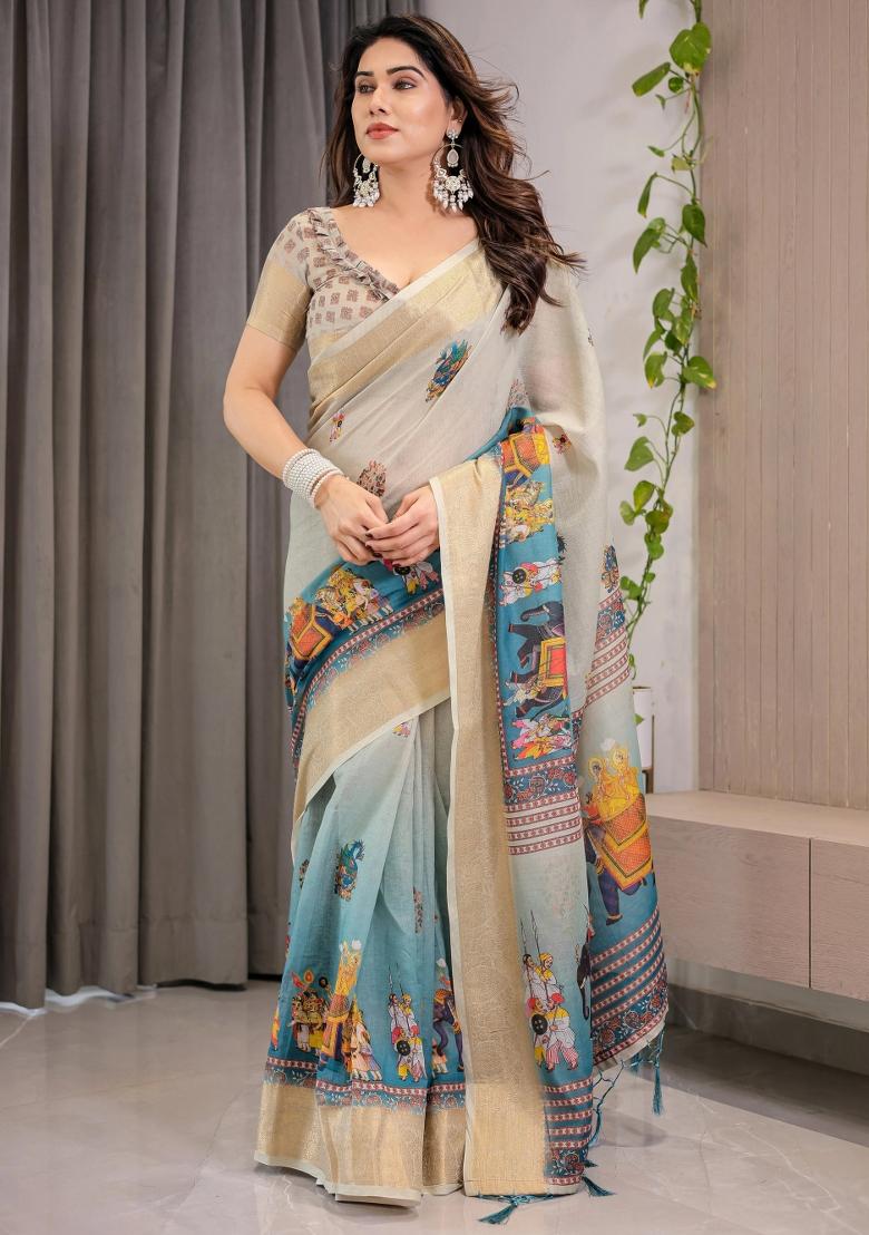Teal Printed Cotton Linen Saree Set