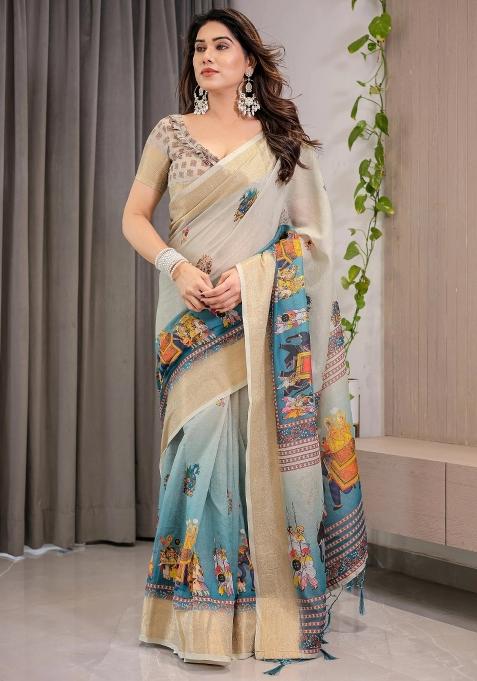 Teal Printed Cotton Linen Saree Set
