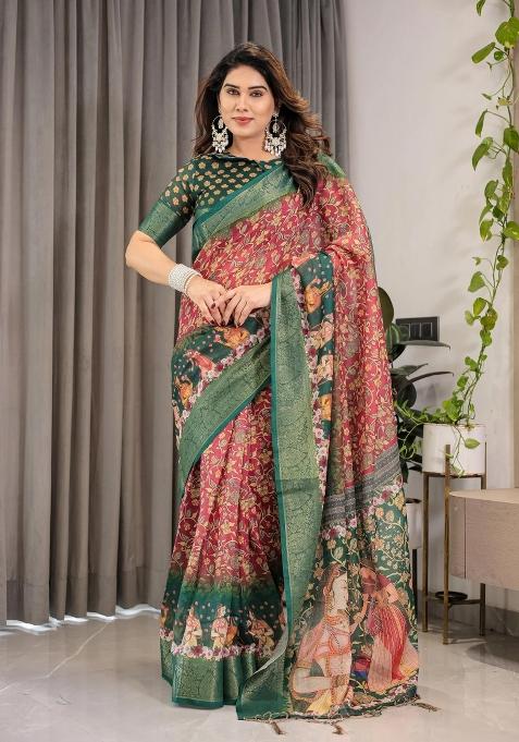 Green Printed Cotton Linen Saree Set