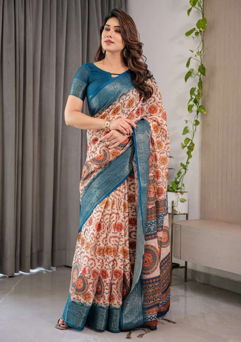 White Printed Cotton Linen Saree Set - Indya