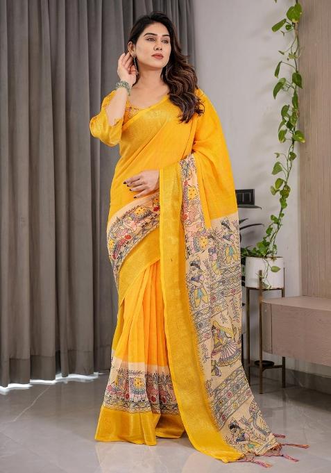 Yellow Printed Cotton Linen Saree Set