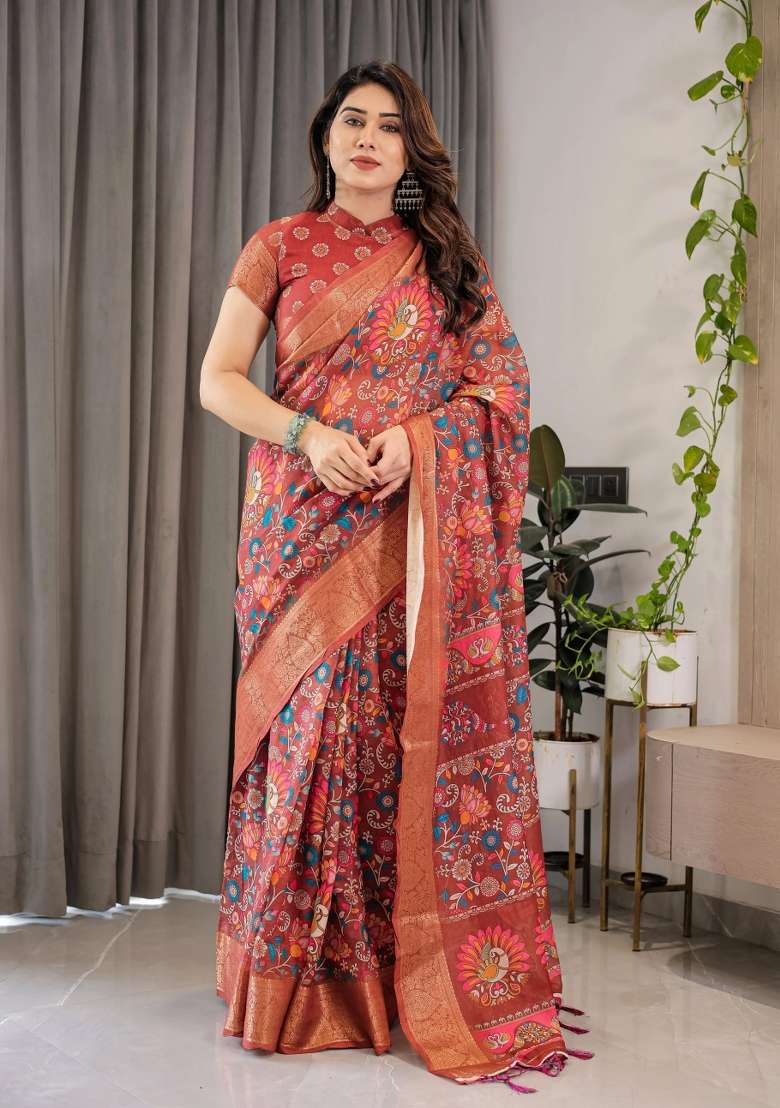 Orange Printed Cotton Linen Saree Set - Indya