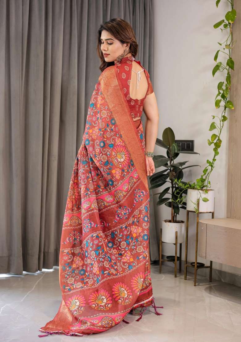 Orange Printed Cotton Linen Saree Set - Indya