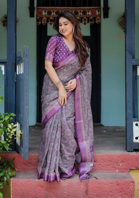 Purple Printed Cotton Linen Saree Set