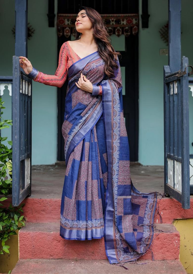 Blue Printed Cotton Linen Saree Set