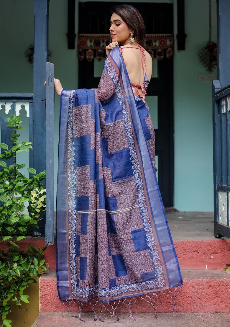Blue Printed Cotton Linen Saree Set