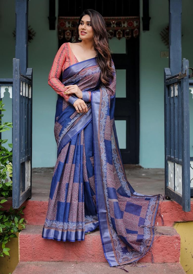 Blue Printed Cotton Linen Saree Set