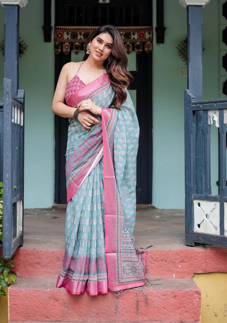 Blue Printed Cotton Linen Saree Set