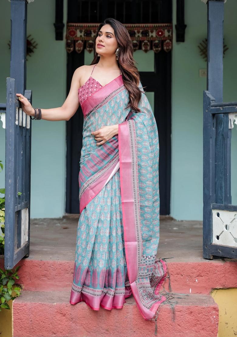 Blue Printed Cotton Linen Saree Set - Indya