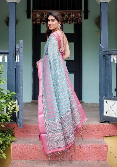 Blue Printed Cotton Linen Saree Set