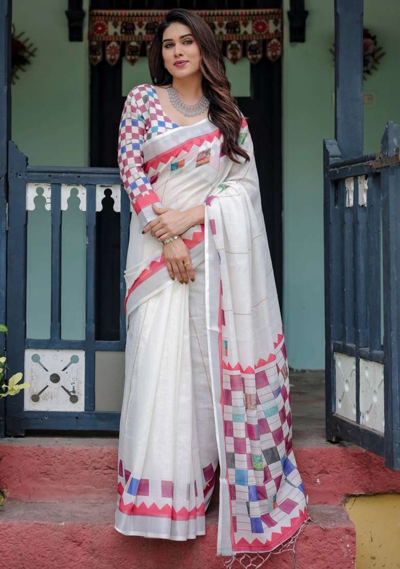 White Printed Cotton Linen Saree Set - Indya