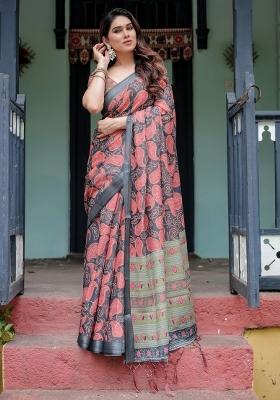 Black Printed Cotton Linen Saree Set