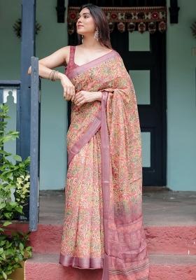 Beige Printed Cotton Linen Saree Set