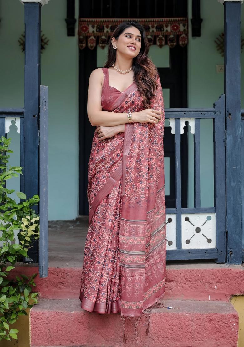 Red Printed Cotton Linen Saree Set
