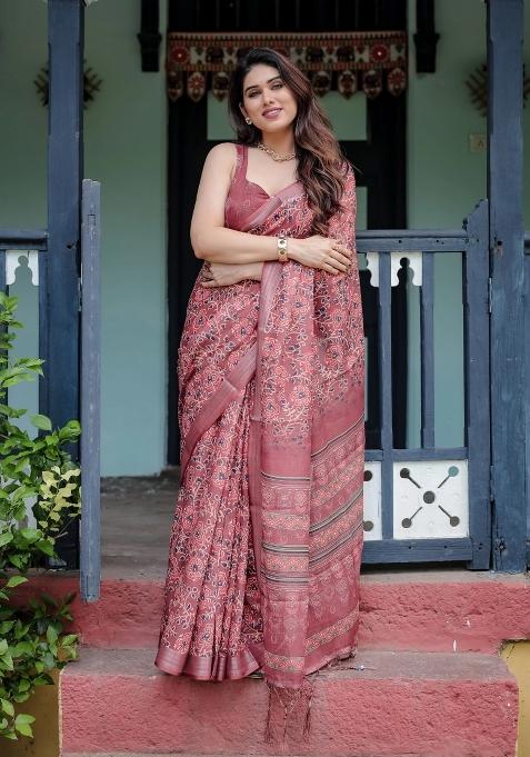 Red Printed Cotton Linen Saree Set