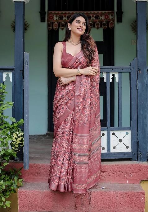 Red Printed Cotton Linen Saree Set