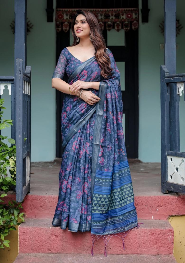 Blue Printed Cotton Linen Saree Set